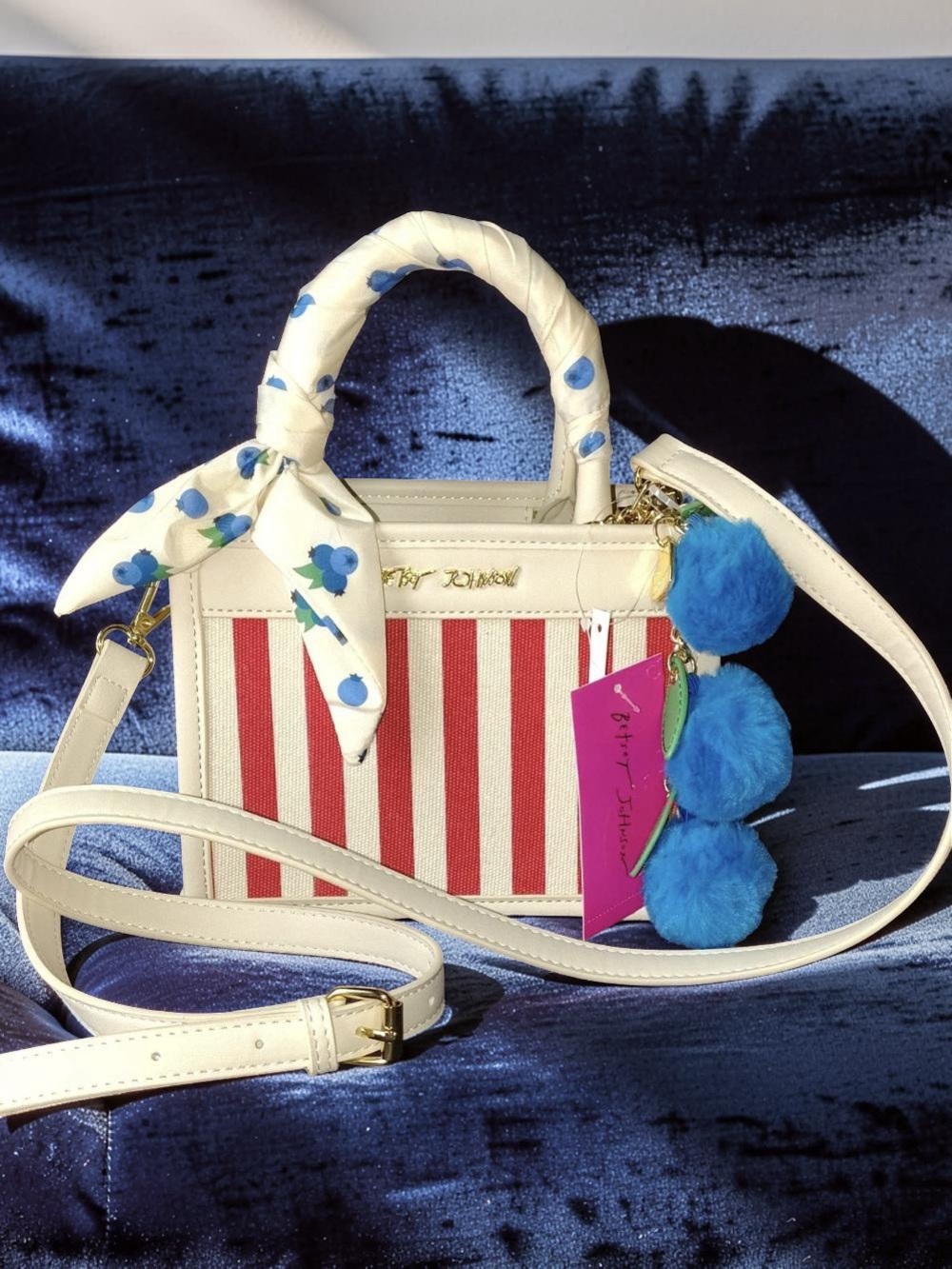 Betsey Johnson NWT White & Red Striped Crossbody Bag Blueberry Pom Charms (P235)